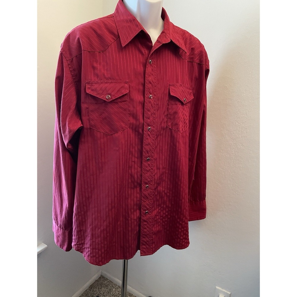 Wrangler Western Shirt Mens Red Burgundy Striped Pearl Snaps Western Cowboy XL